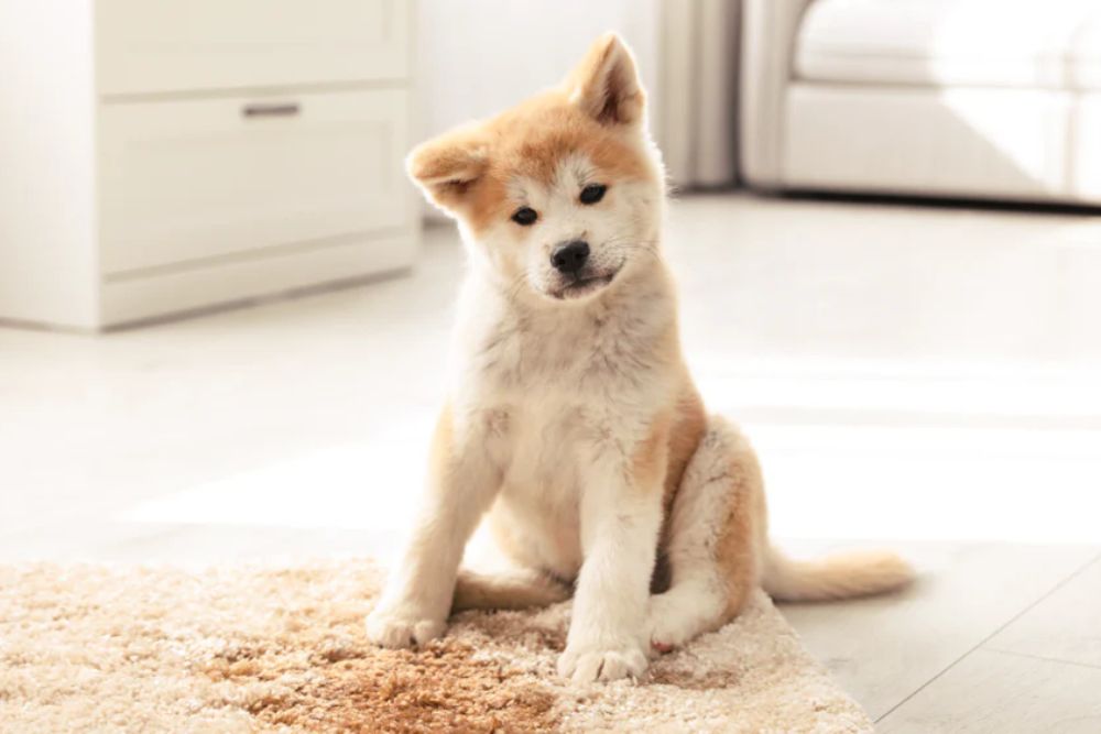 A small dog comfortably sits on a rug, illustrating the need for pet mess cleaning services in Aurora, CO.
