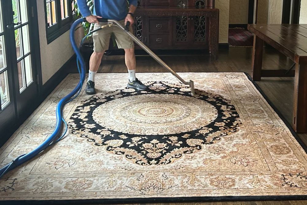 A man vacuums a large rug, showcasing a rug cleaning service based in Aurora, CO.