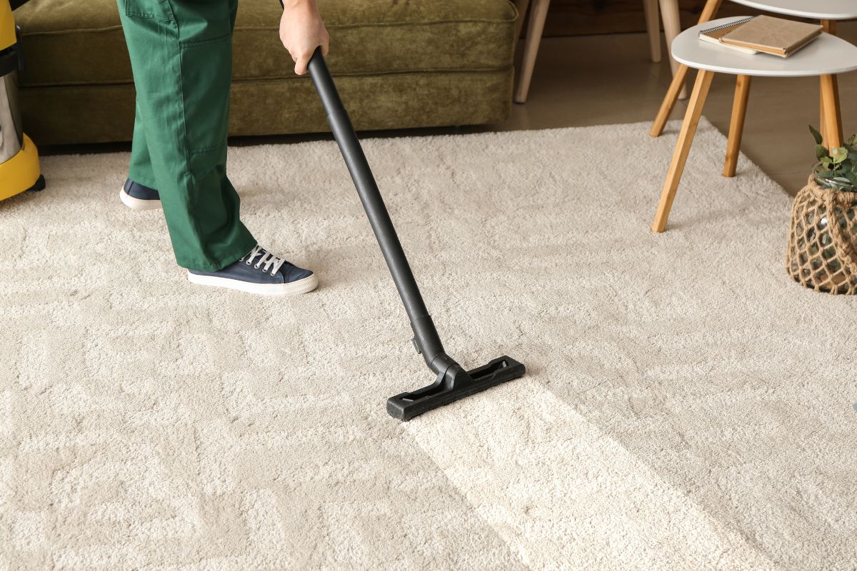  A person using a vacuum cleaner to clean a carpet, emphasizing a chemical-free cleaning approach.