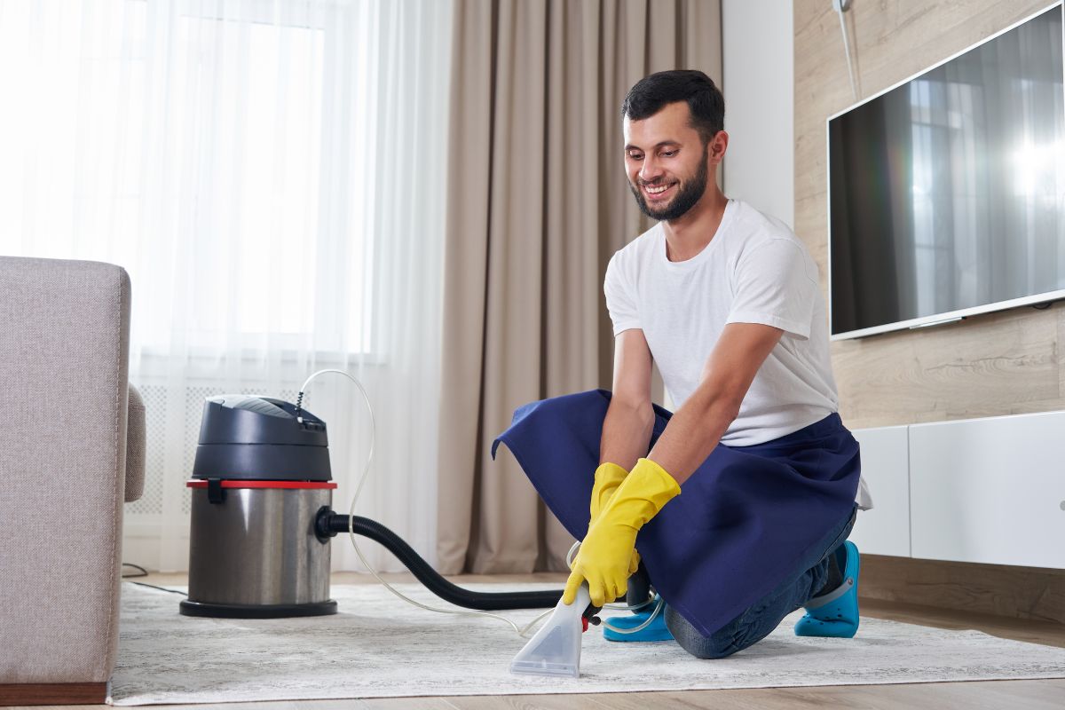  A man in a blue shirt and yellow gloves cleans a carpet, promoting chemical-free carpet cleaning methods.
