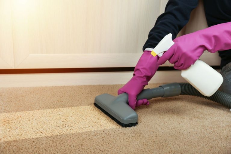 A person wearing purple gloves cleans a carpet, demonstrating effective cleaning techniques for home maintenance.